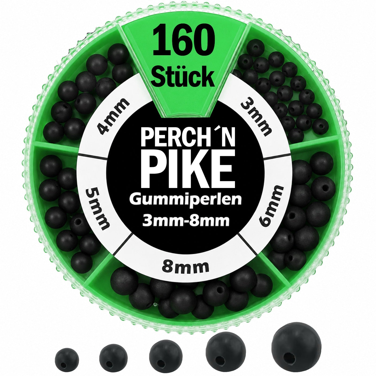 160 Stk. Gummiperlen Set, 3mm bis 8mm für Karpfen- & Forellen-Montagen