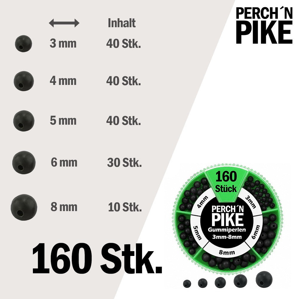 160 Stk. Gummiperlen Set, 3mm bis 8mm für Karpfen- & Forellen-Montagen