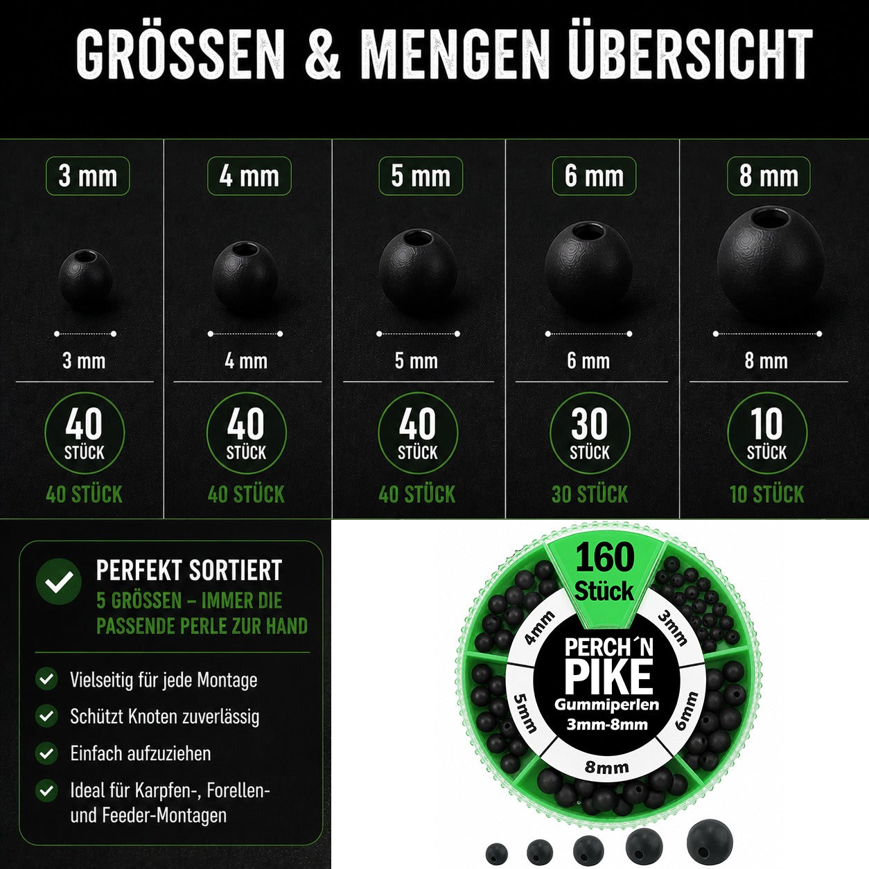 160 Stk. Gummiperlen Set, 3mm bis 8mm für Karpfen- & Forellen-Montagen